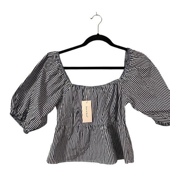 Sim & Sam Navy Blue Striped Smocked Square Neck Puff Sleeve Top Blouse Preppy - Picture 1 of 4